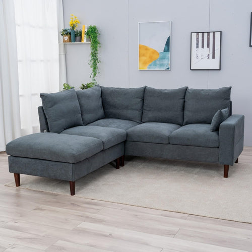 5 Seater Grey Linen Corner Sofa with USB Port Chaise L-Shape Wood Legs