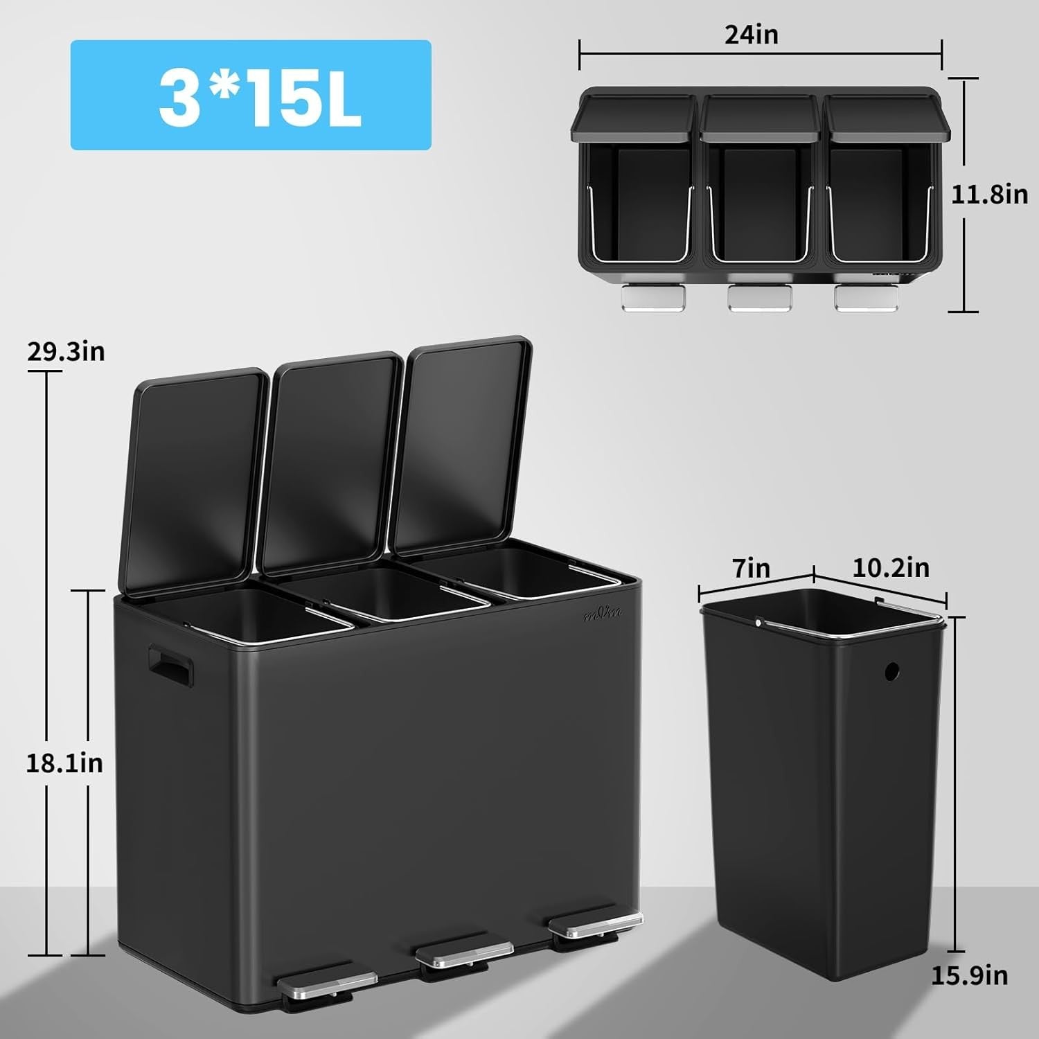 45L Triple Recycling Bin 3x15L Stainless Steel Pedal