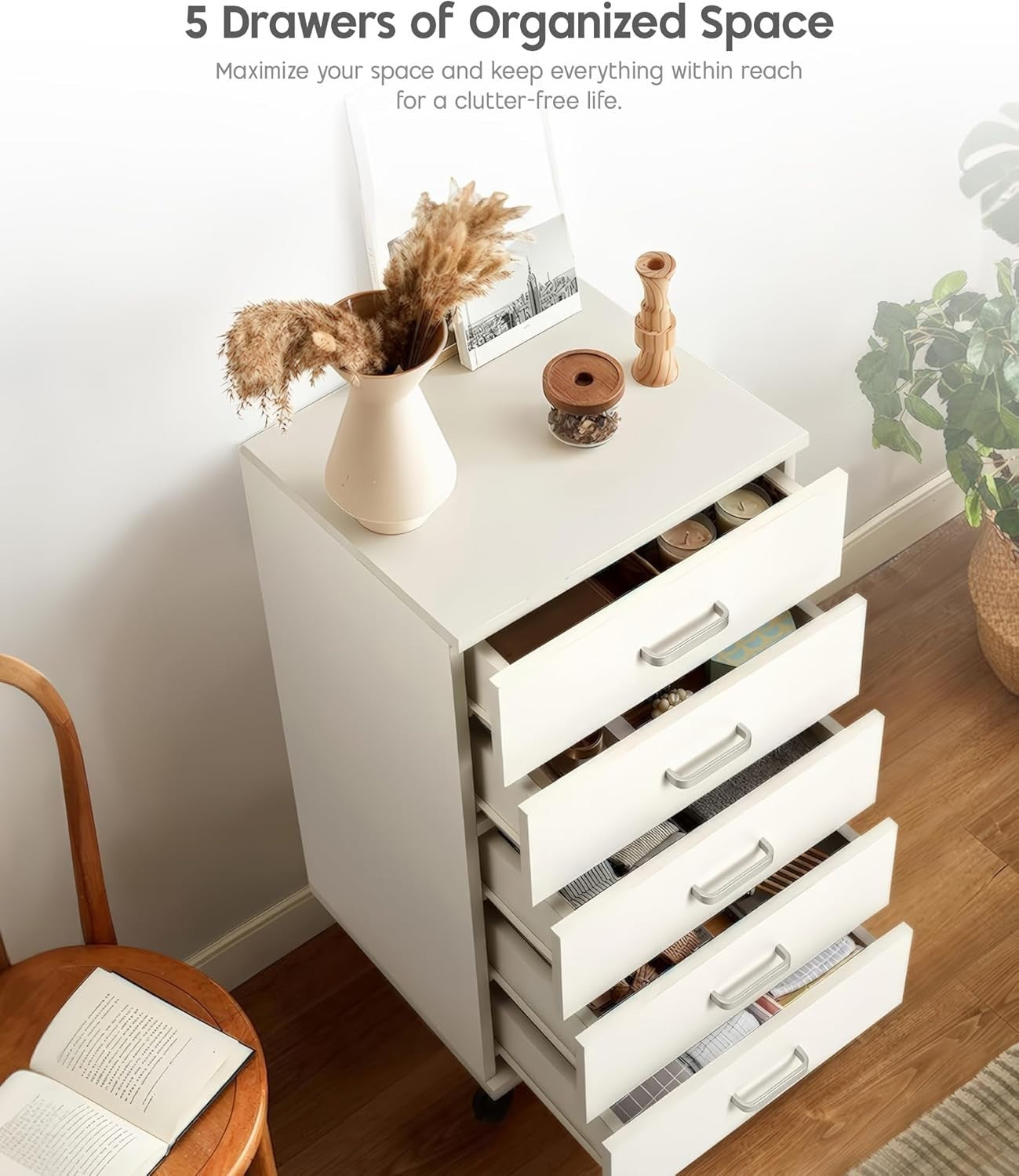 White Mobile Filing Cabinet 5 Drawer 75cm Rolling Office Storage