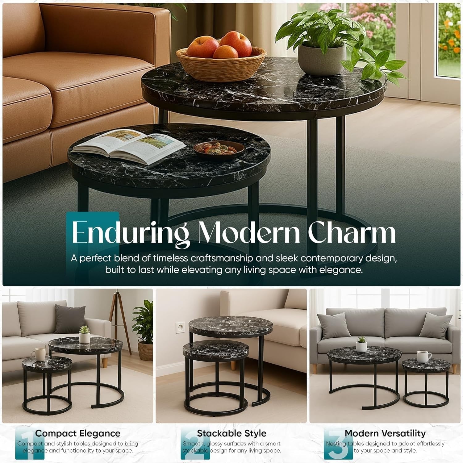 Space Saving Nesting Coffee Tables Set of 2 Black Marble Effect Round End Side A