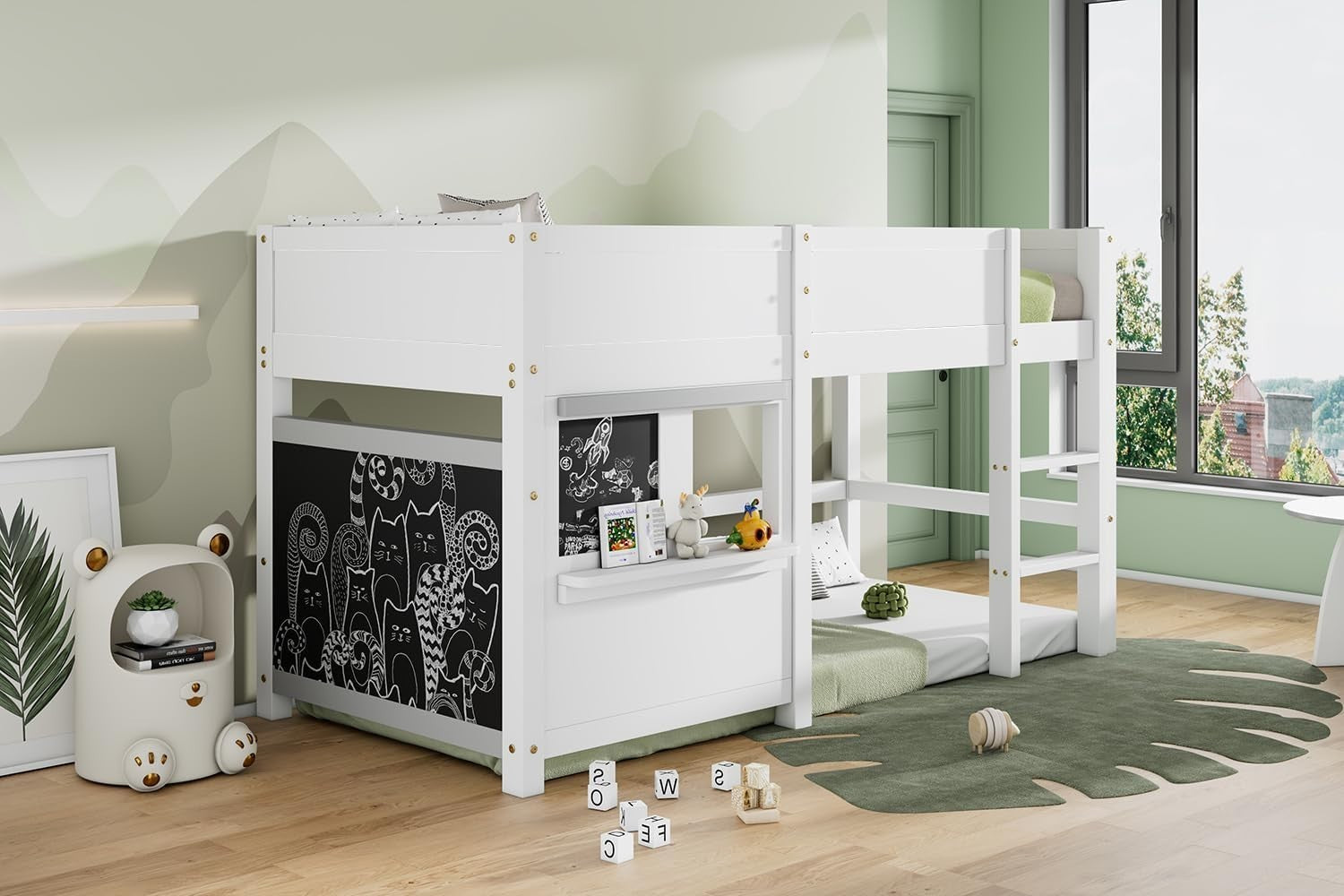 White Wooden Kids Bunk Bed with Ladder, Shelves & Safety Fence 90x190cm
