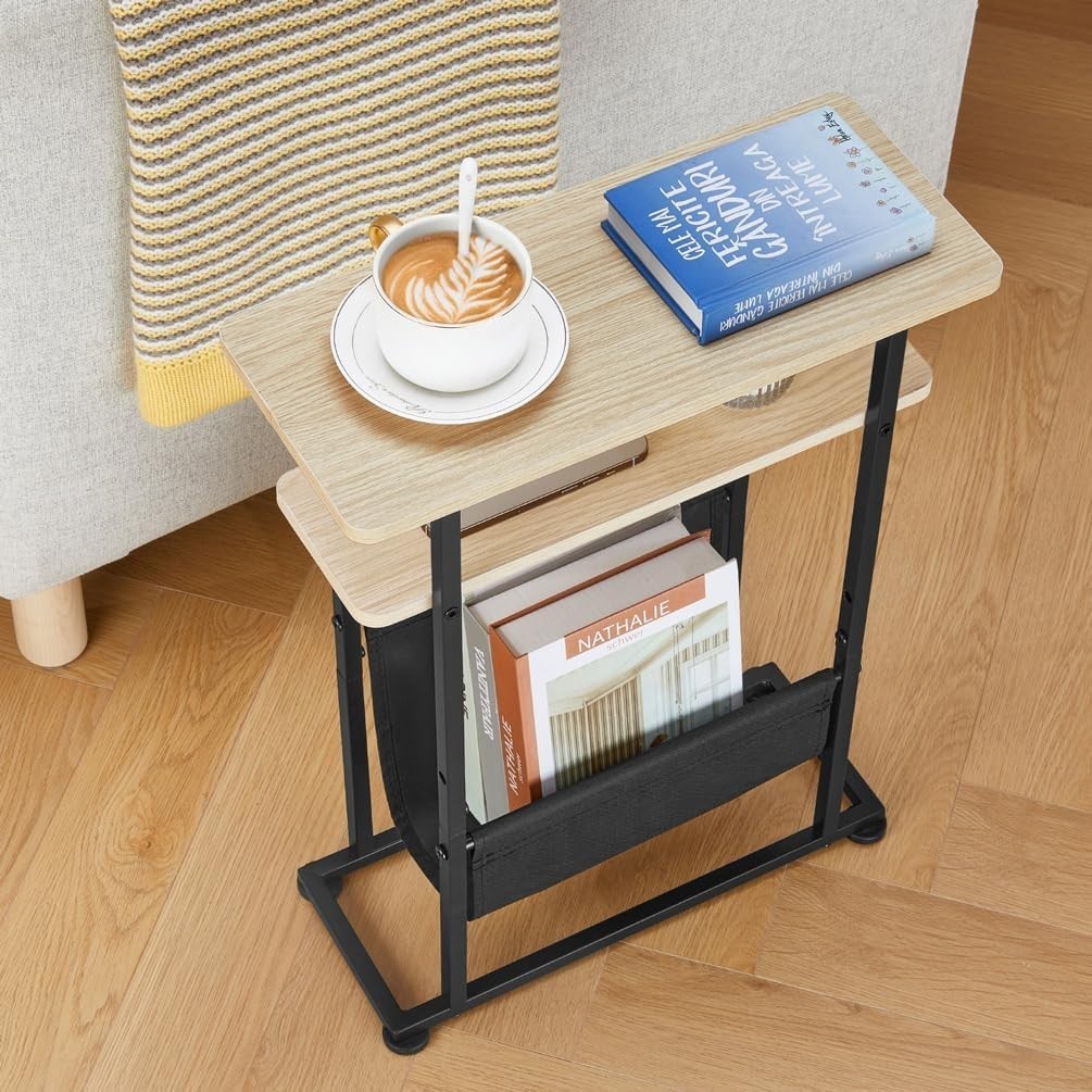 Slim Oak Side Table with Magazine Holder & Adjustable Feet 18x42x55cm