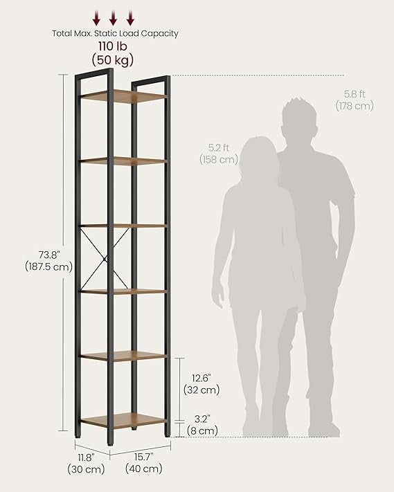 6-Tier Industrial Bookshelf Slim Wheat Brown Metal Wood Tall Storage Unit