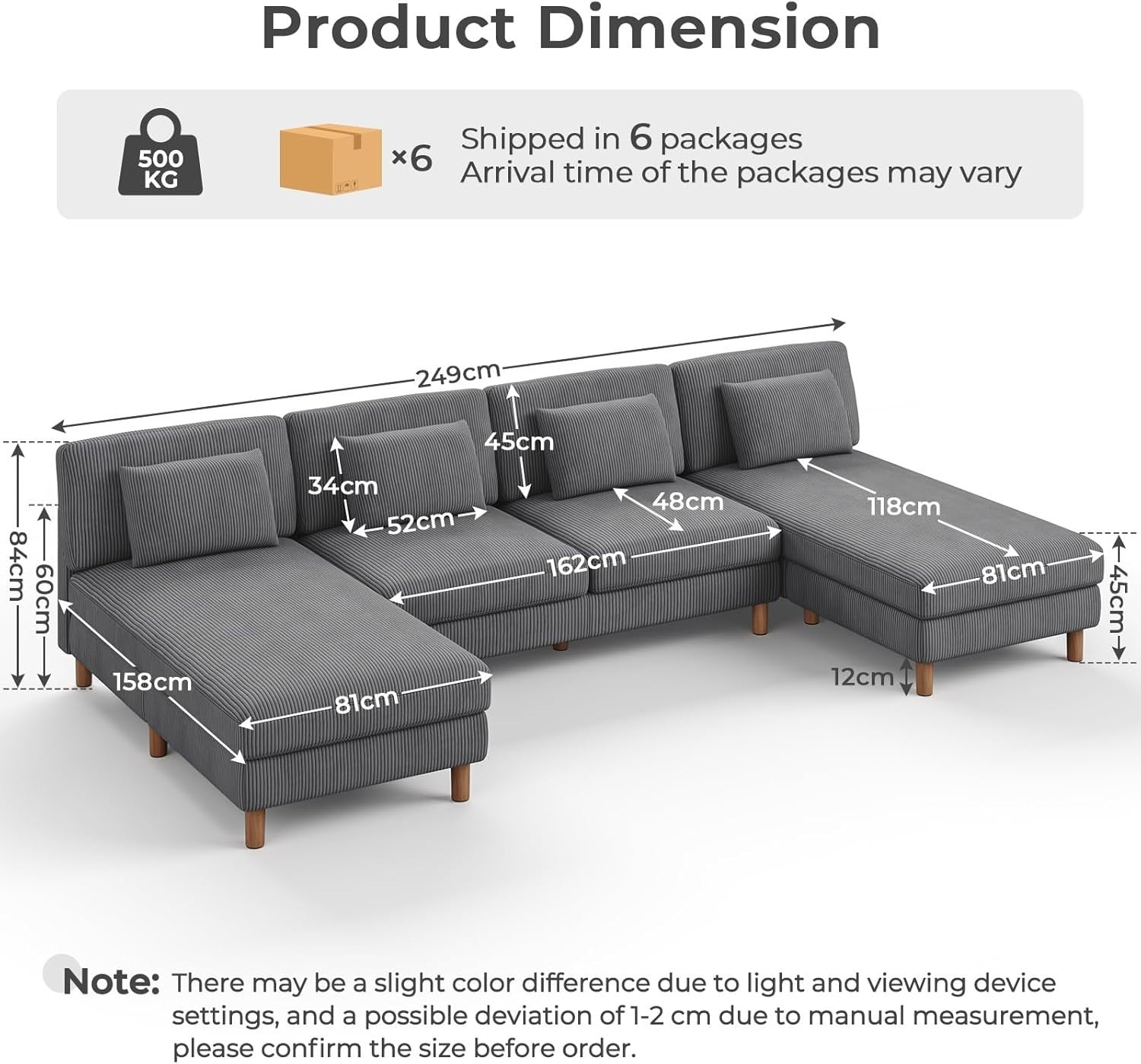 5 Seater U-Shaped Sofa Grey Corduroy with Double Chaise & Washable Covers