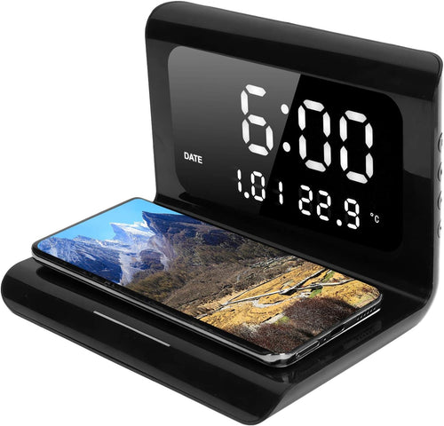 Black Wireless Charger Alarm Clock Qi Phone Charging Digital Display