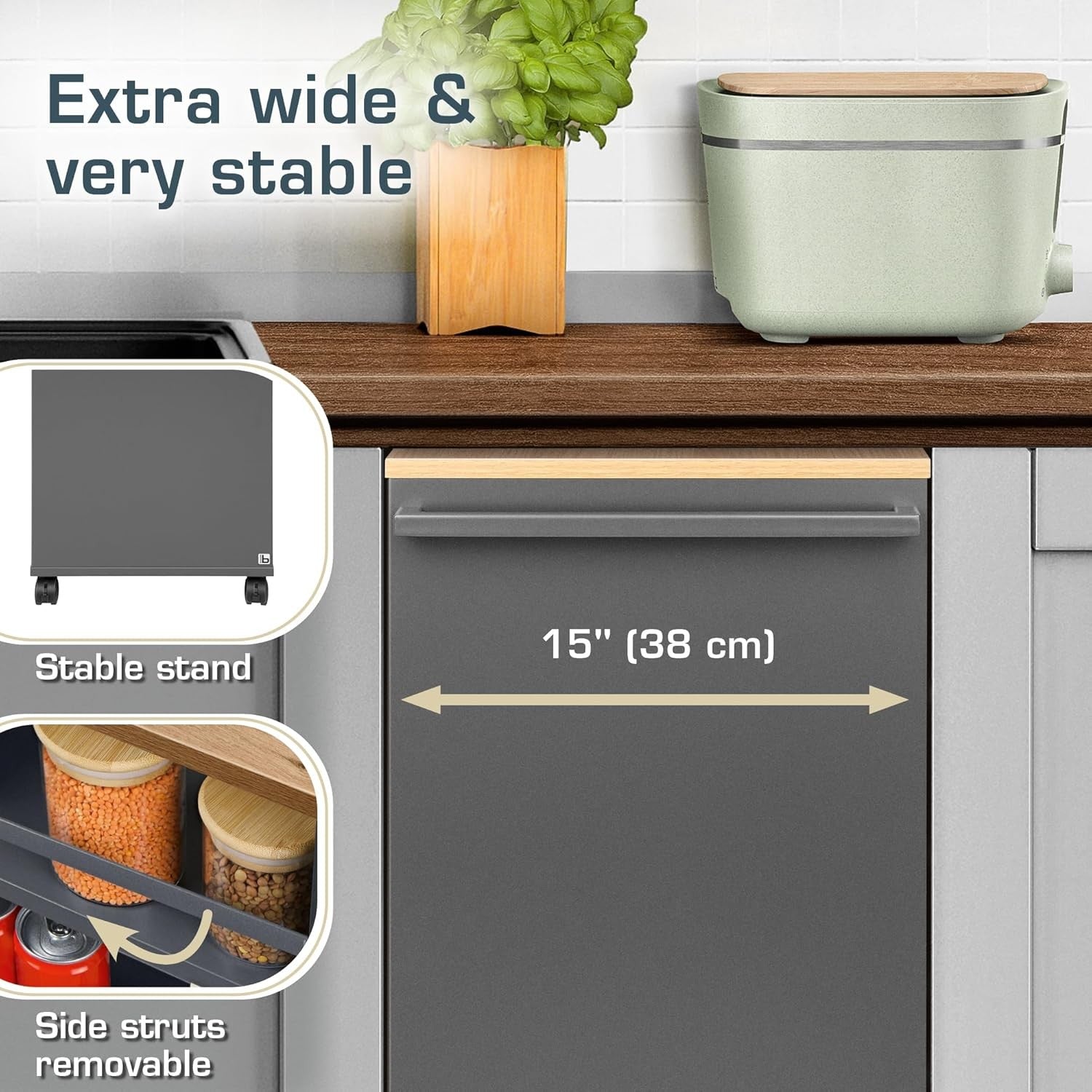 Kitchen Cart Trolley on Wheels 3 Tier Adjustable Shelves Wooden Worktop