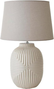 Large Grey Table Lamp Geometric Ribbed Glass Linen Shade 56cm
