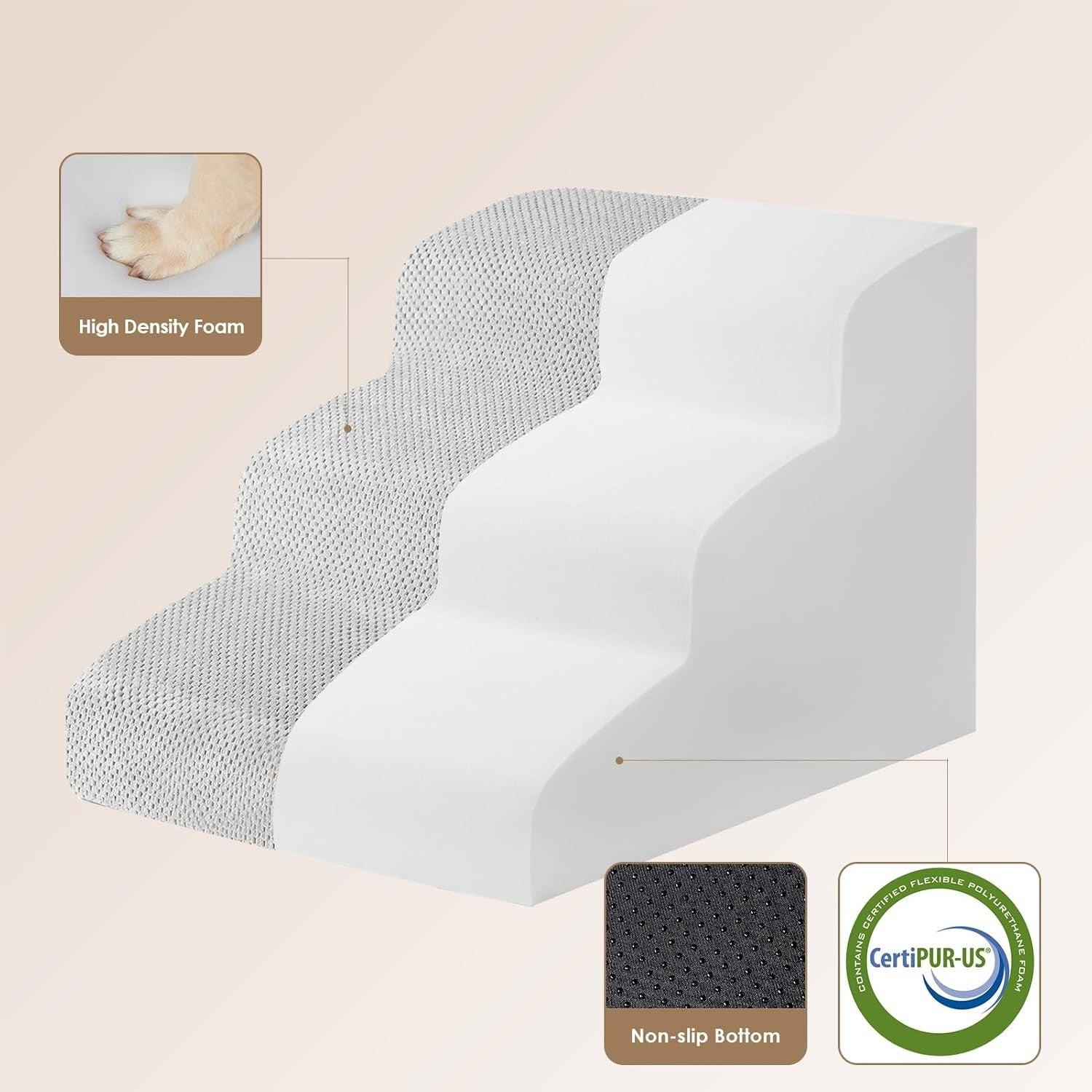 3 Step Dog Stairs for Bed Non Slip Foam Pet Steps Washable Light Grey