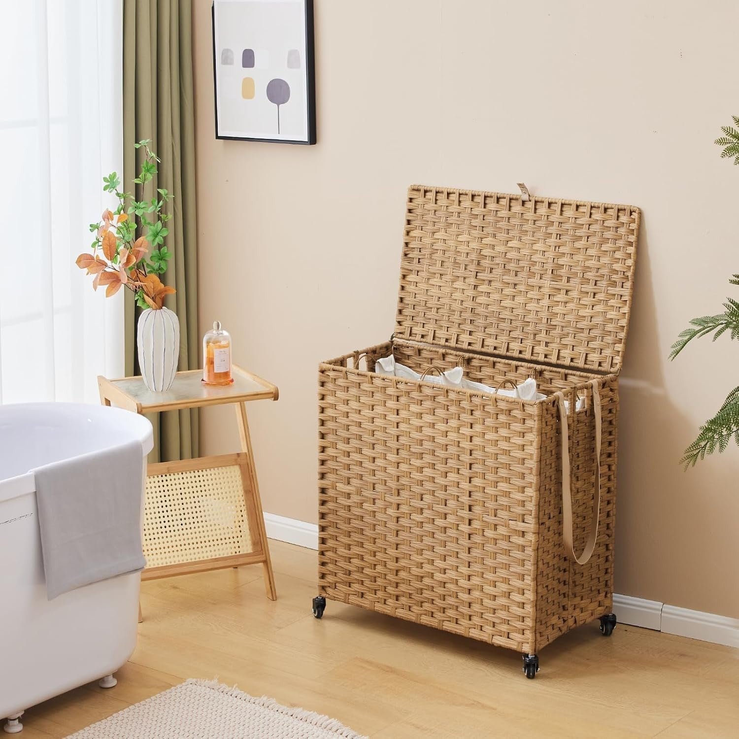 Large 150L Rattan Laundry Hamper on Wheels 3-Section Sorter with Lid & Bags