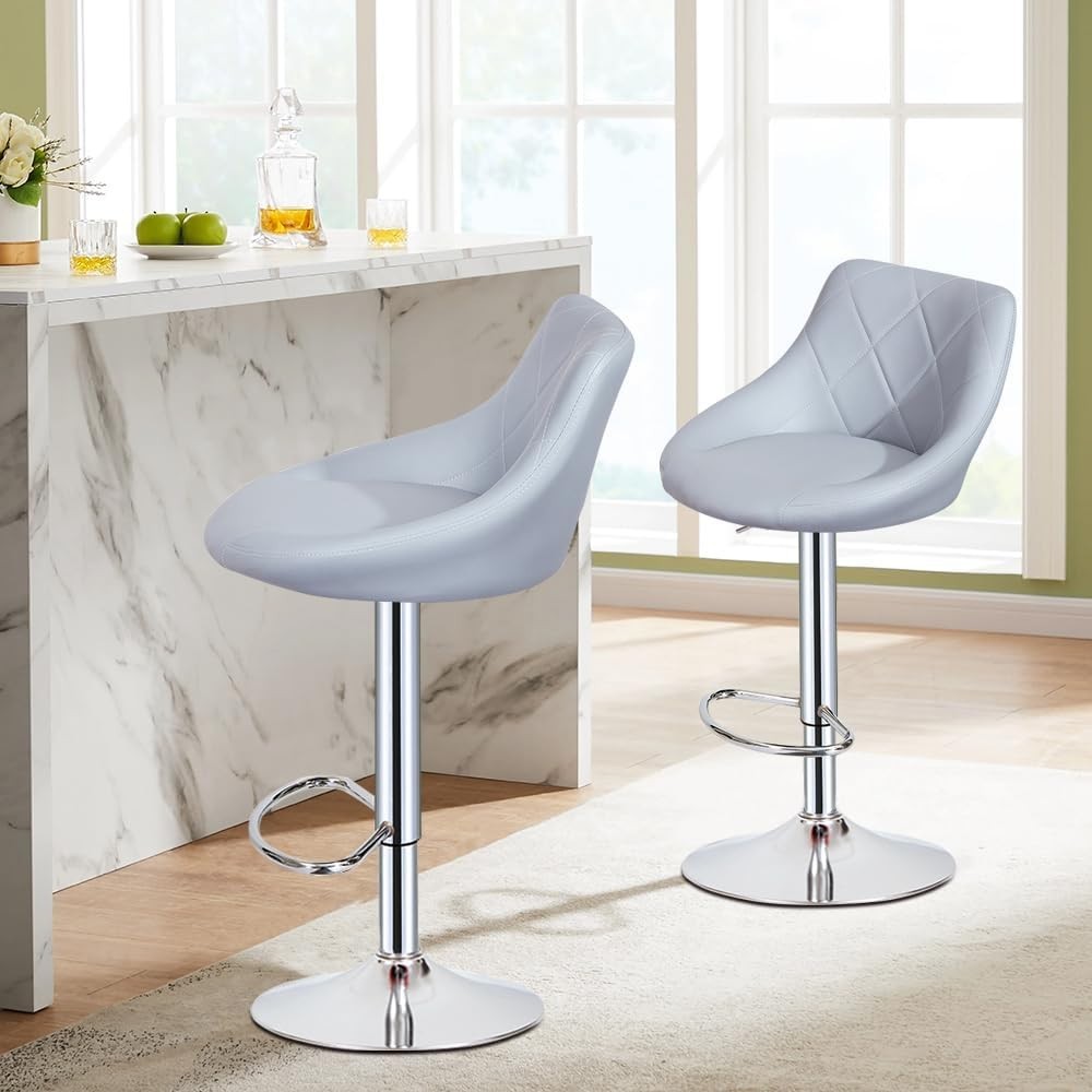 Grey Faux Leather Bar Stool Adjustable Swivel Mid Back Pub Chair