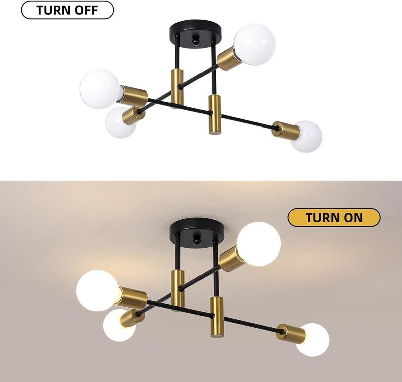 Modern Black Gold Sputnik Ceiling Light E27 4-Way Flush Mount Lamp