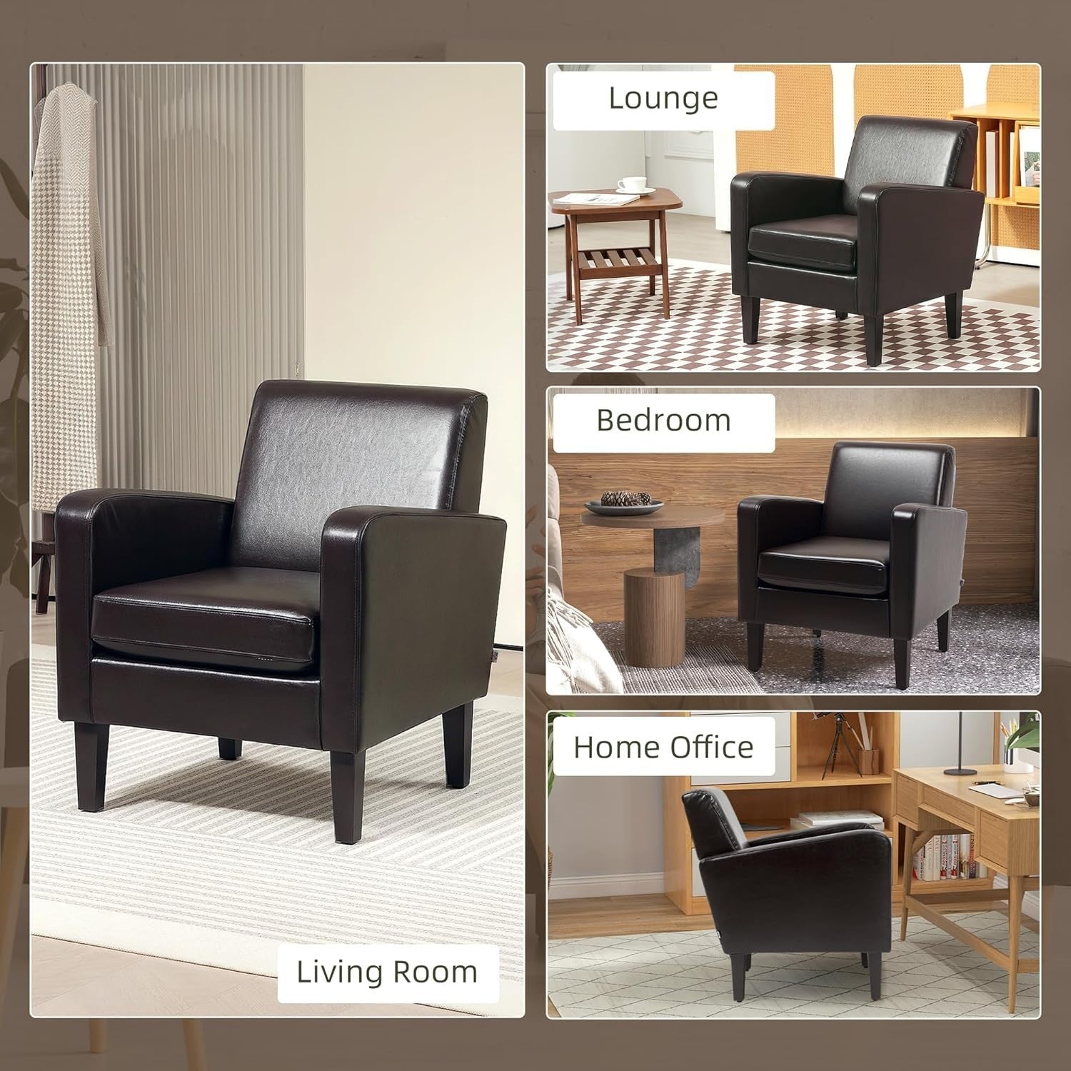 Modern Faux Leather Armchair with Eucalyptus Wood Legs | Comfortable Lounge Seat