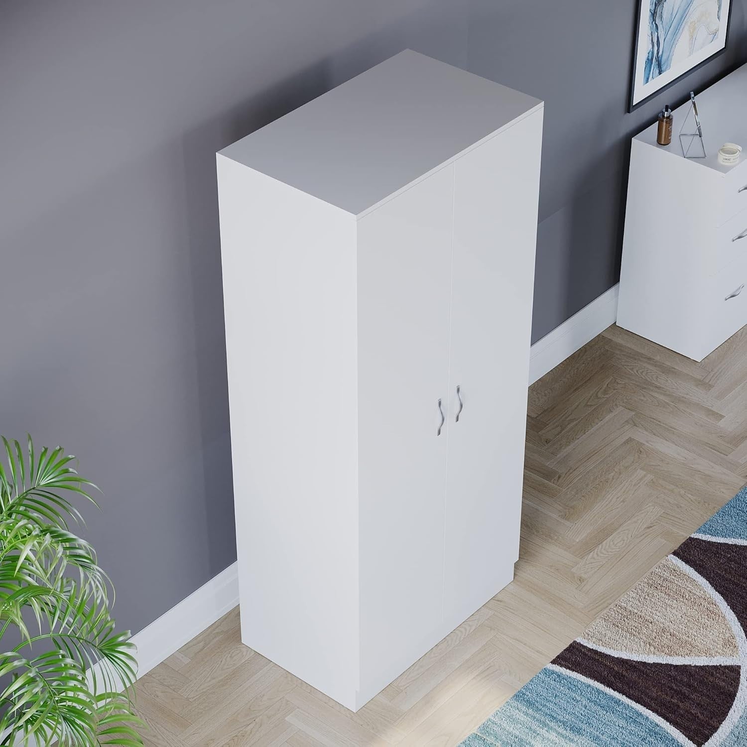 White 2 Door Bedroom Wardrobe with Hanging Rail & Shelf | Storage Unit