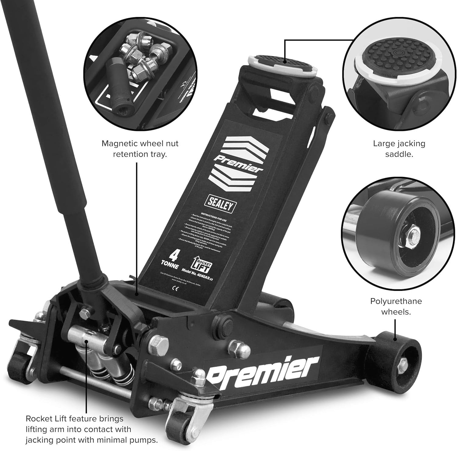 4 Ton Low Profile Hydraulic Trolley Jack 100–533mm Rocket Lift Heavy Duty Black