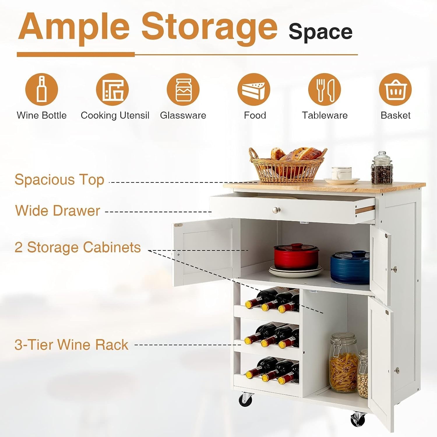 Rolling Kitchen Serving Trolley Cart with Drawer, Wine Rack & Cabinets, White