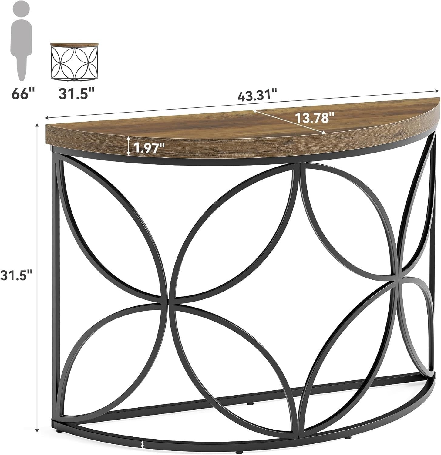 Half Moon Console Table – 110cm Rustic Entryway Table w/ Metal Frame