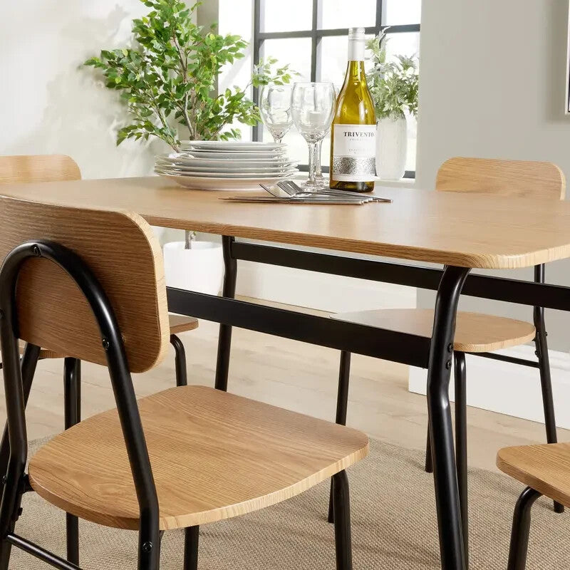 5 Piece Dining Table Set Oak MDF Top & Black Metal Frame with 4 Chairs