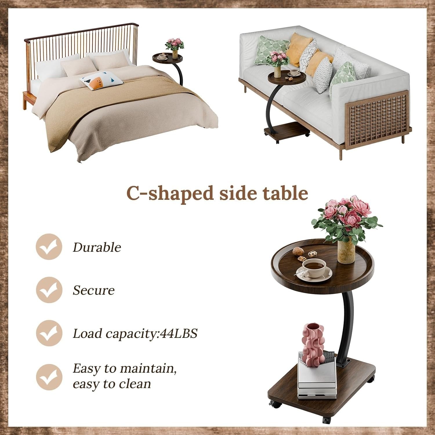 2-Tier C-Shaped Side Table with Casters Modern Small Sofa Bed Tray Table