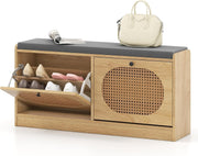Rattan Shoe Bench with Cushion 2-Door Storage Cabinet Adjustable Shelves Unit