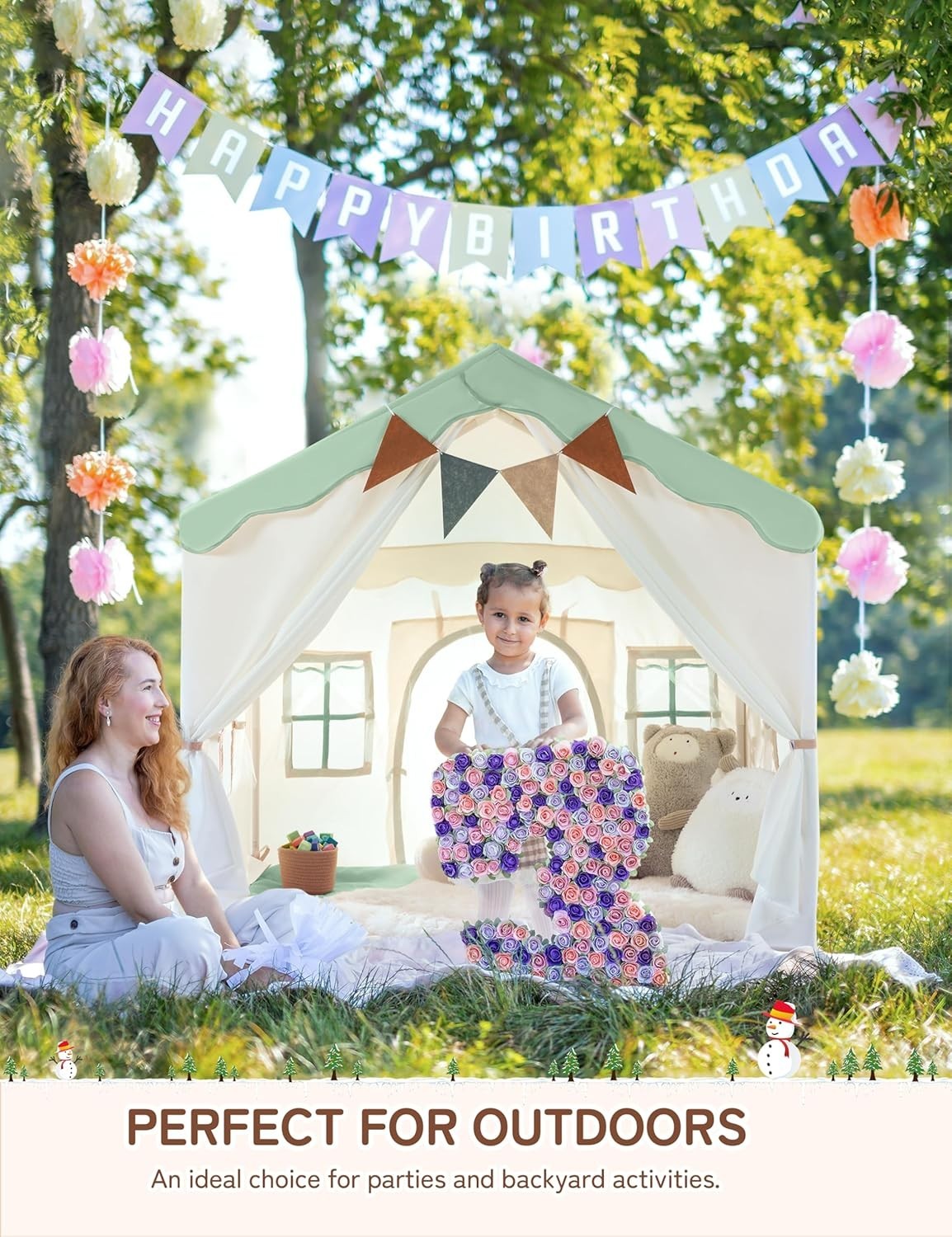 Kids 2in1 Playhouse Tent Bed Canopy with Lights Padded Indoor Green
