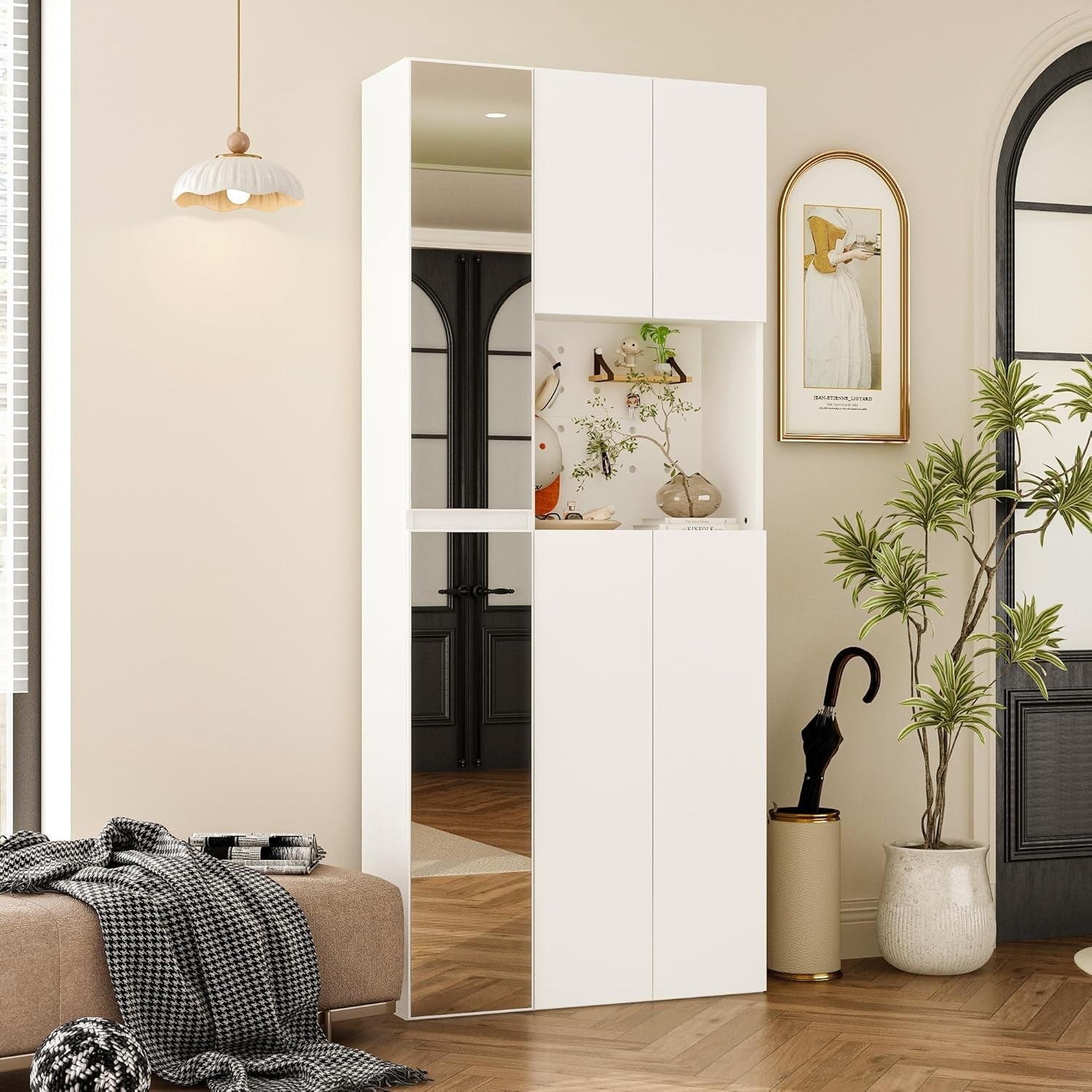 Tall White Shoe Cabinet with Full-Length Mirrors & Pegboard Storage Rack