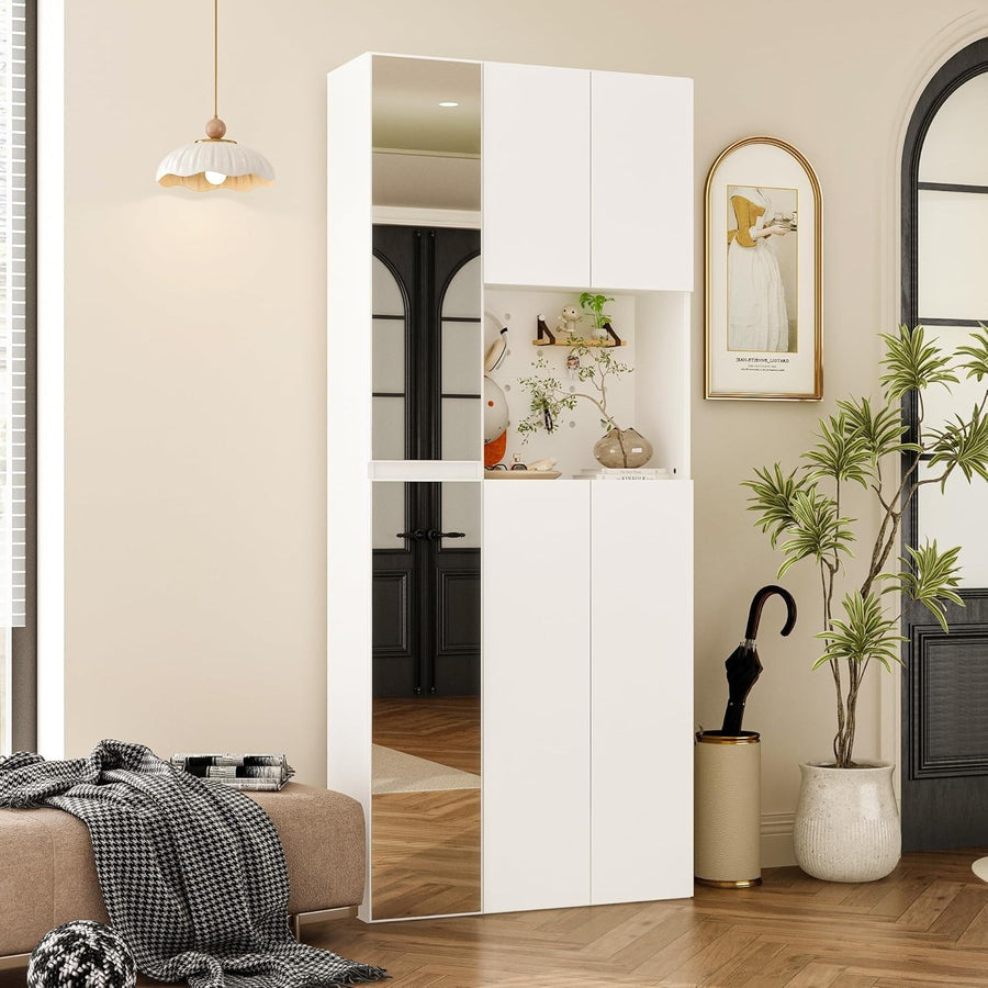 Tall White Shoe Cabinet with Full-Length Mirrors & Pegboard Storage Rack