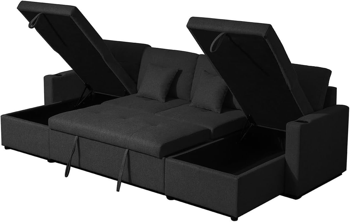 Black Fabric U-Shaped 4 Seater Sofa Bed with Storage & Pull-Out Bed