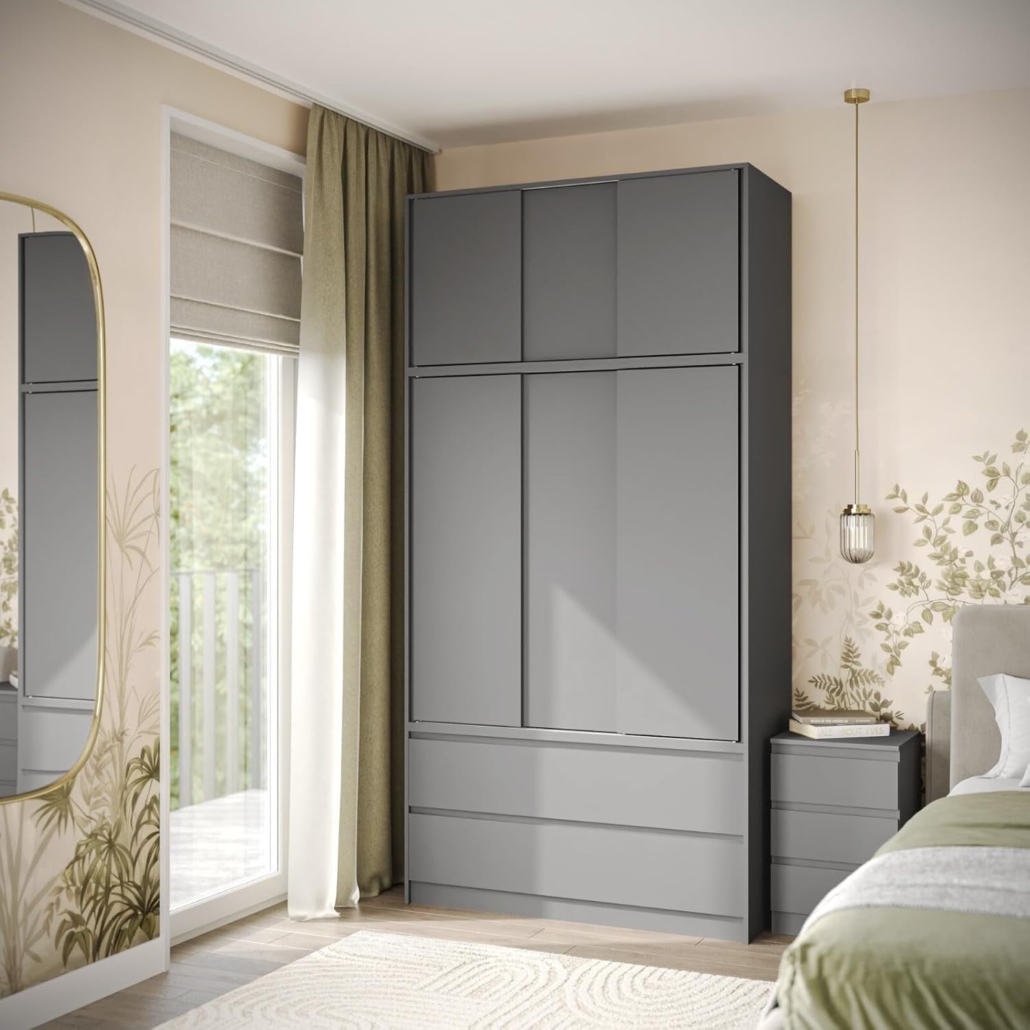 Grey Sliding Wardrobe 240cm 6 Doors 4 Drawers Bedroom Closet Storage Unit