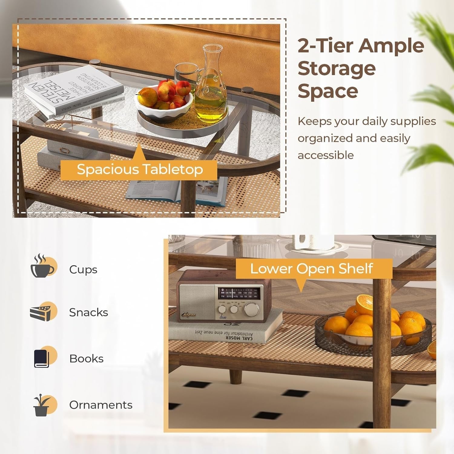 Glass Coffee Table with Rattan Shelf, 2-Tier Wood Frame, 102x56x46cm