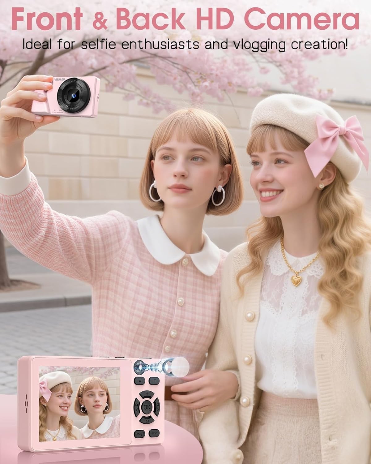 4K 64MP Digital Camera Dual Lens Compact Camera 18X Zoom Pink USB-C