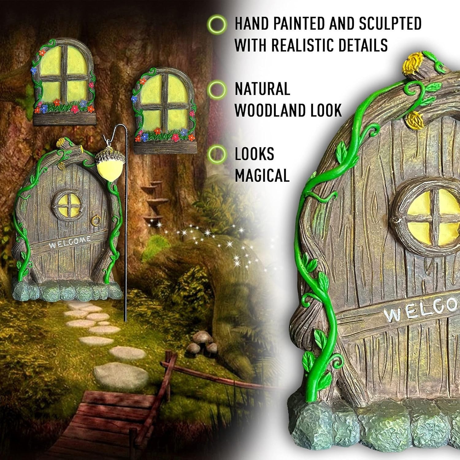 Fairy Door & Window Set Glow in Dark Garden Ornament Outdoor Resin Decor 4pcs