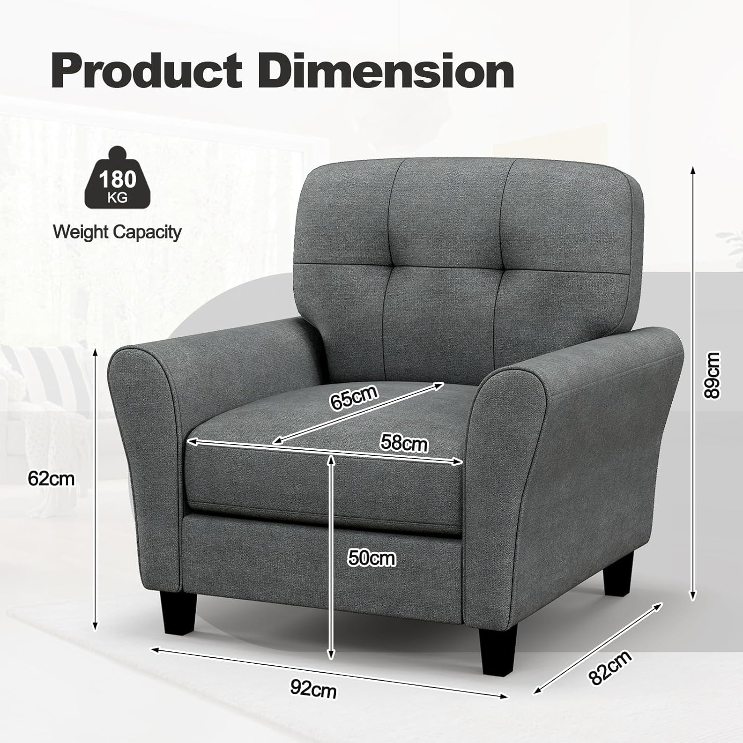 Grey Accent Armchair Tufted Fabric Lounge Chair Thick Cushion