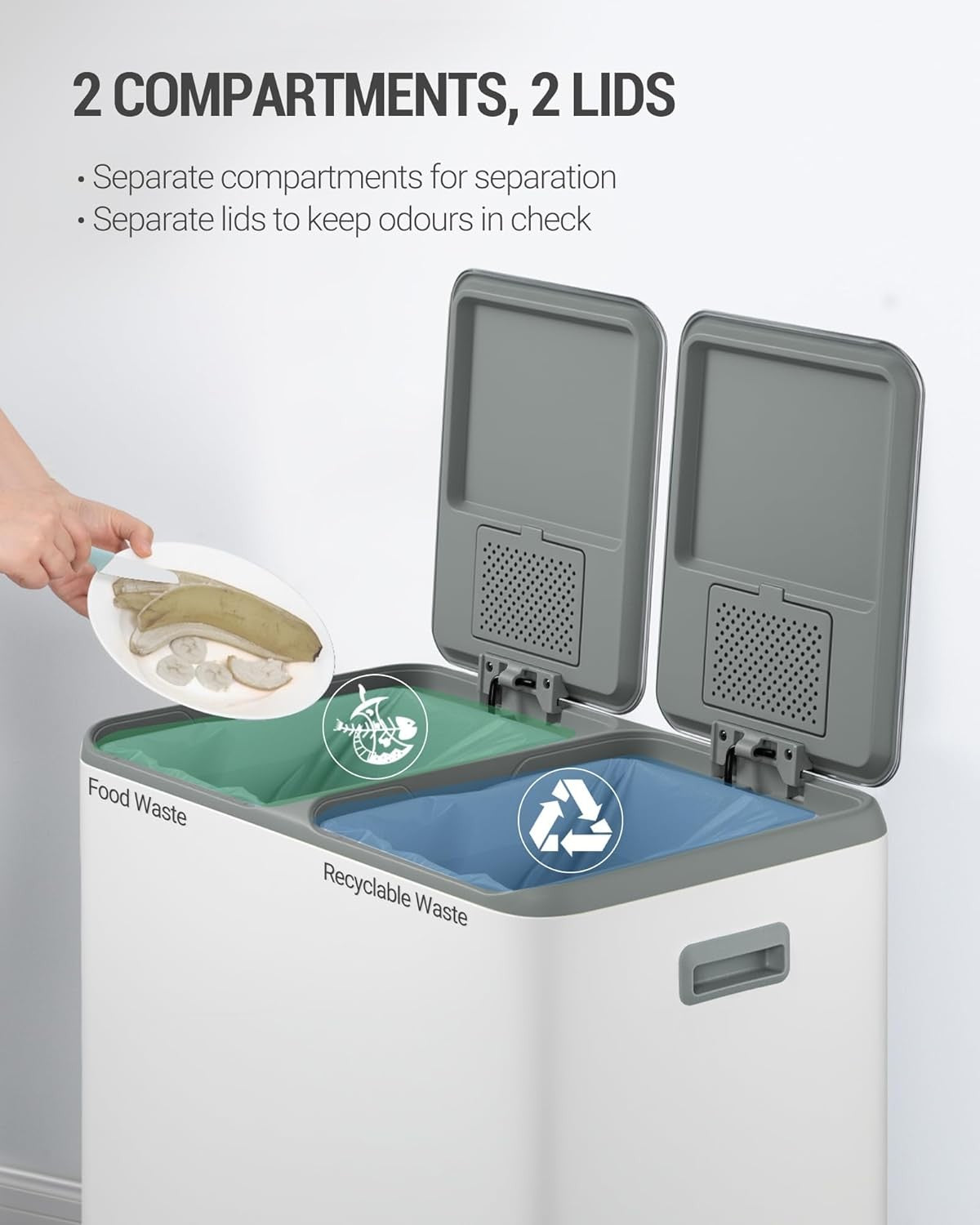 60L Double Kitchen Recycling Bin | 2 x 30L Stainless Steel Pedal Bin White