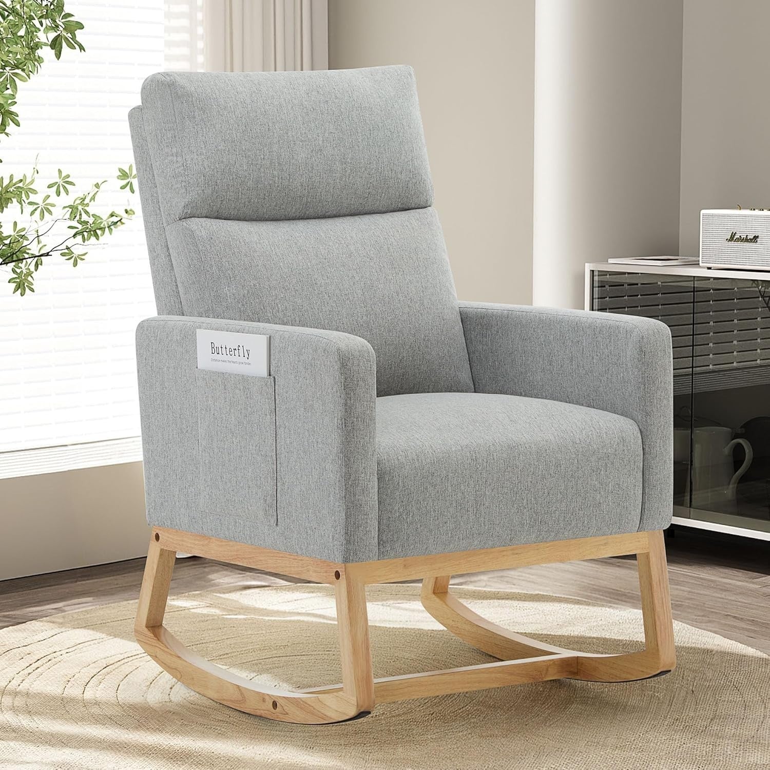 Rocking Chair High Back Linen Armchair with Pockets for Nursery Bedroom