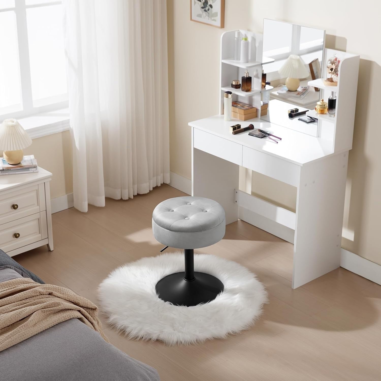 Set of 2 Light Grey Velvet Swivel Vanity Stools with Storage Adjustable