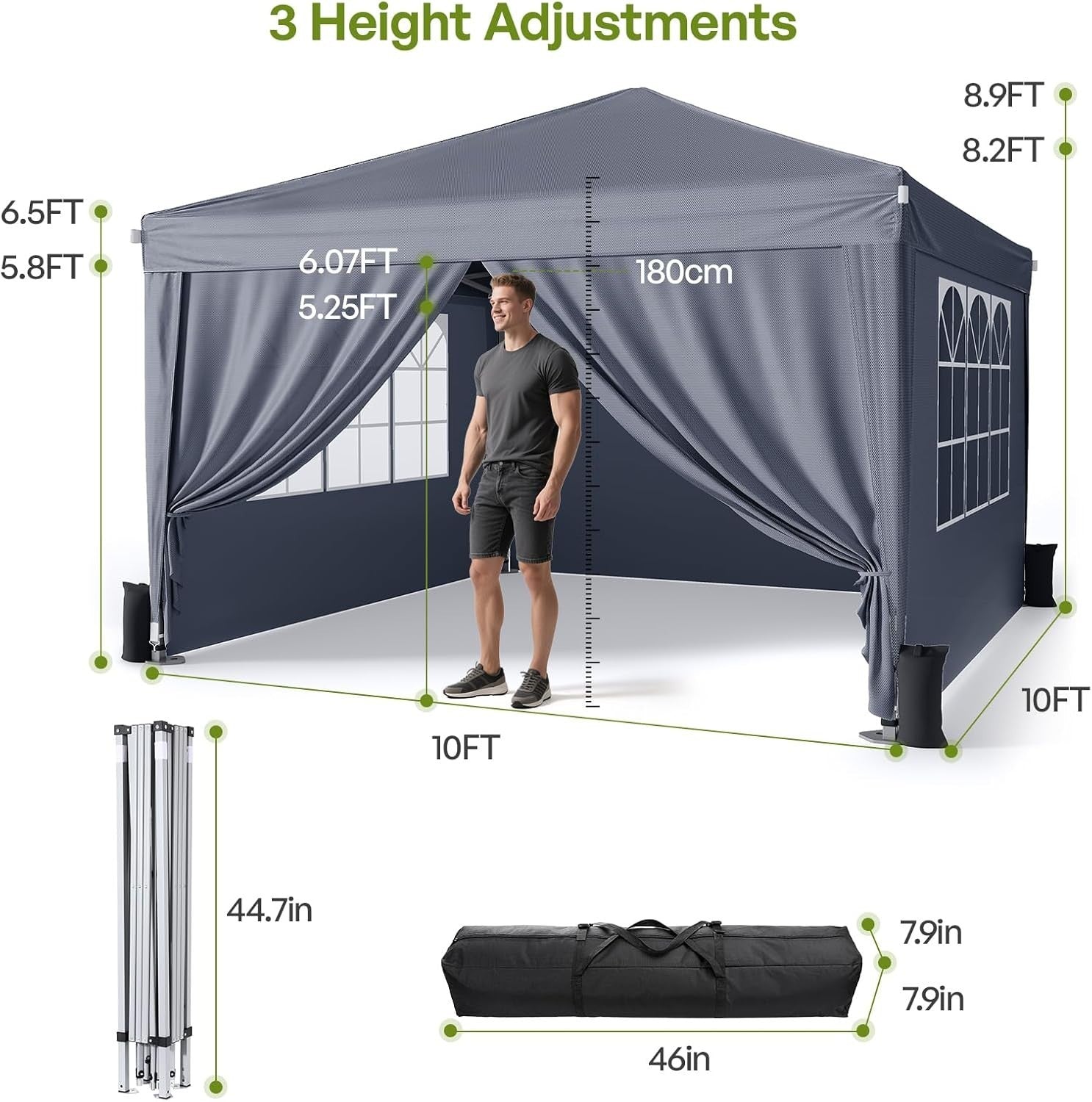 3x3m Dark Grey Pop-Up Gazebo with Sides Waterproof Steel Frame Party Tent