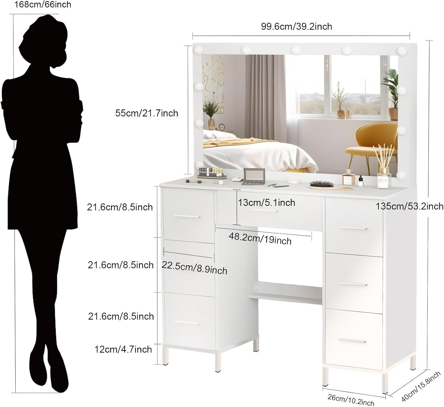 White Vanity Dressing Table with 11 LED Light Mirror, 7 Drawers, Modern Style