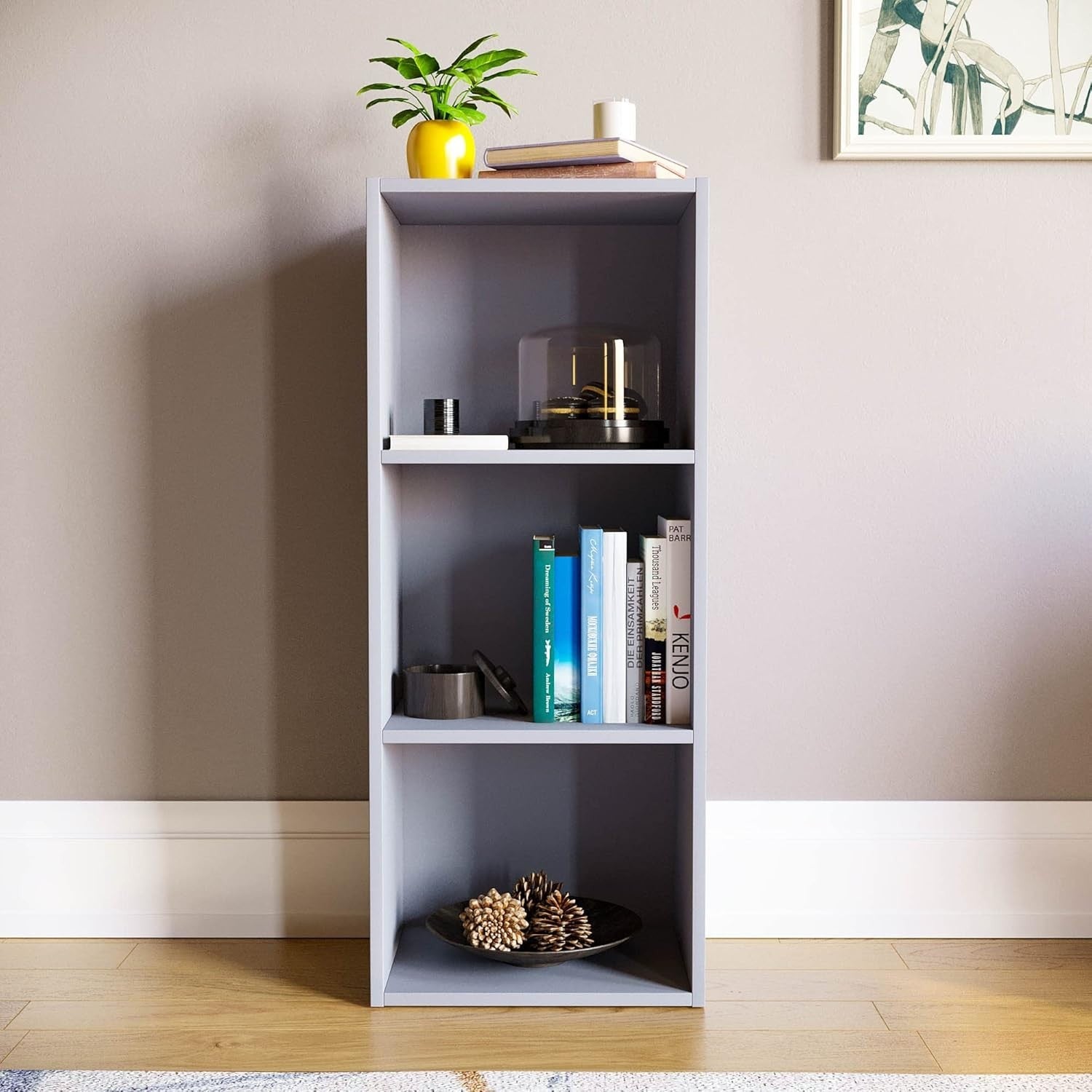 3 Tier Grey Wooden Cube Bookcase Small Storage Shelf for Living Room Office