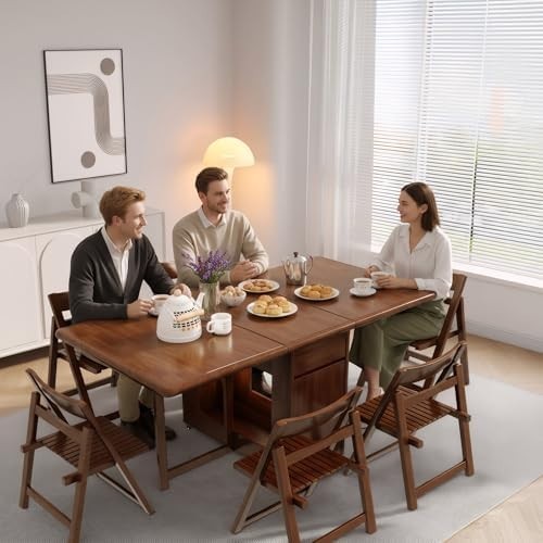 Space Saving Foldable Dining Table on Wheels Solid Wood Extending Kitchen Table