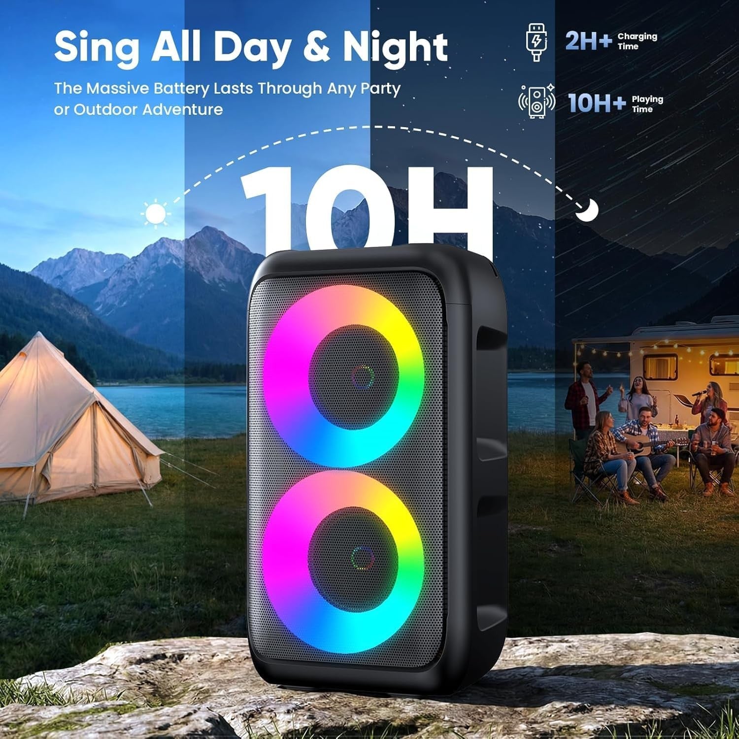 Karaoke Machine with 2 Wireless Mics Bluetooth Party Speaker LED