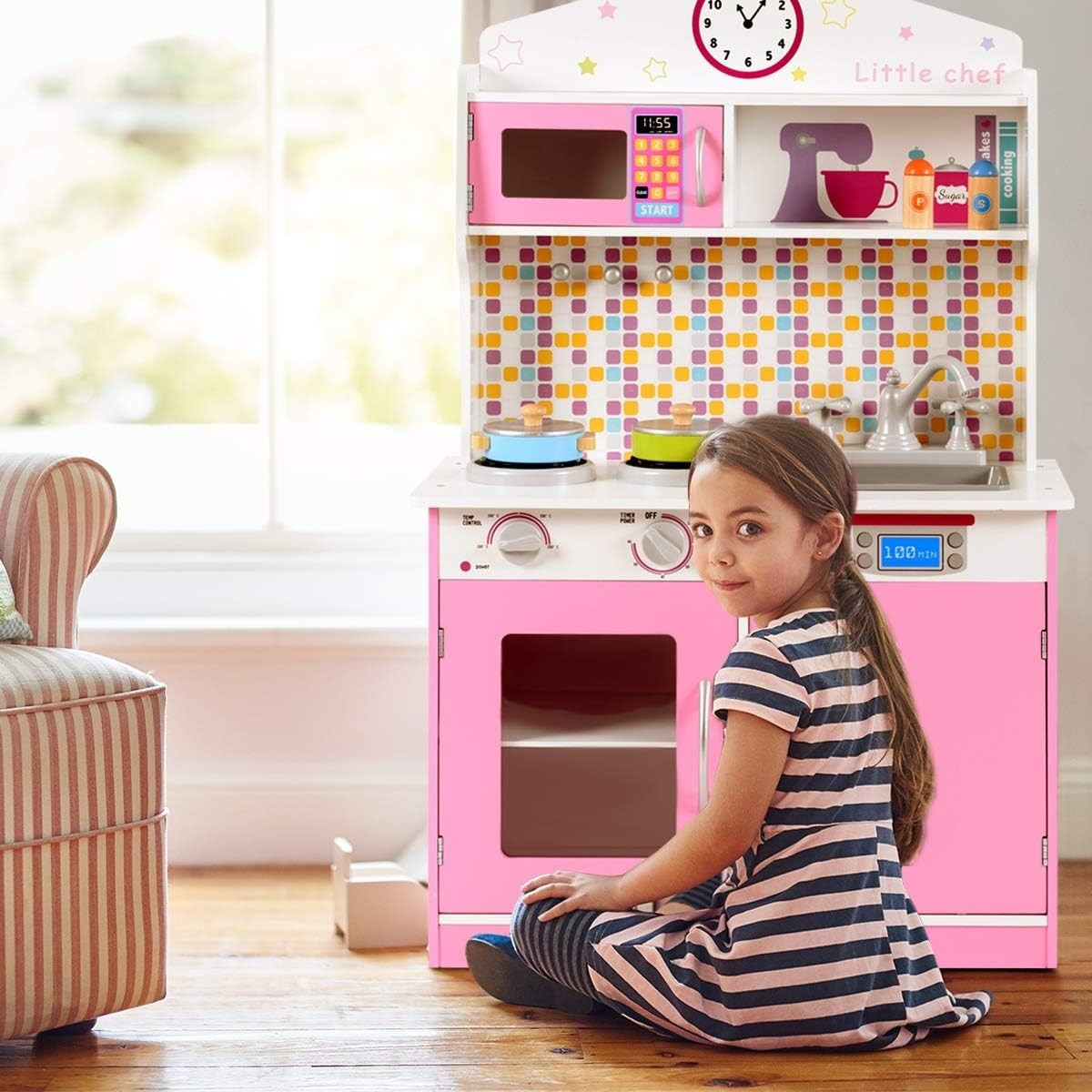 Kids Wooden Play Kitchen Pink w/ Microwave Stove Sink Toy Set