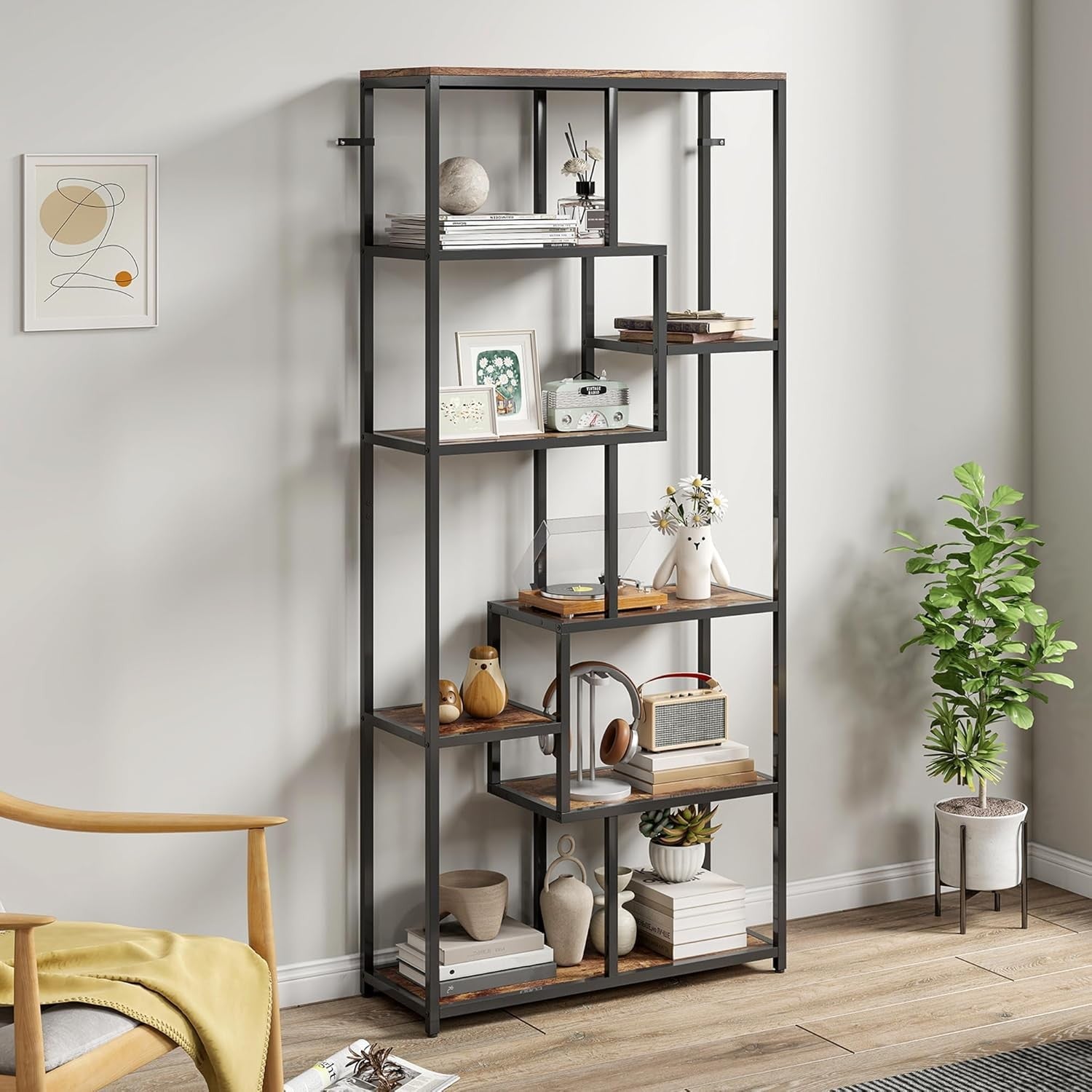 7-Tier Rustic Brown & Black Bookcase | Industrial Geometric Display Shelf Unit