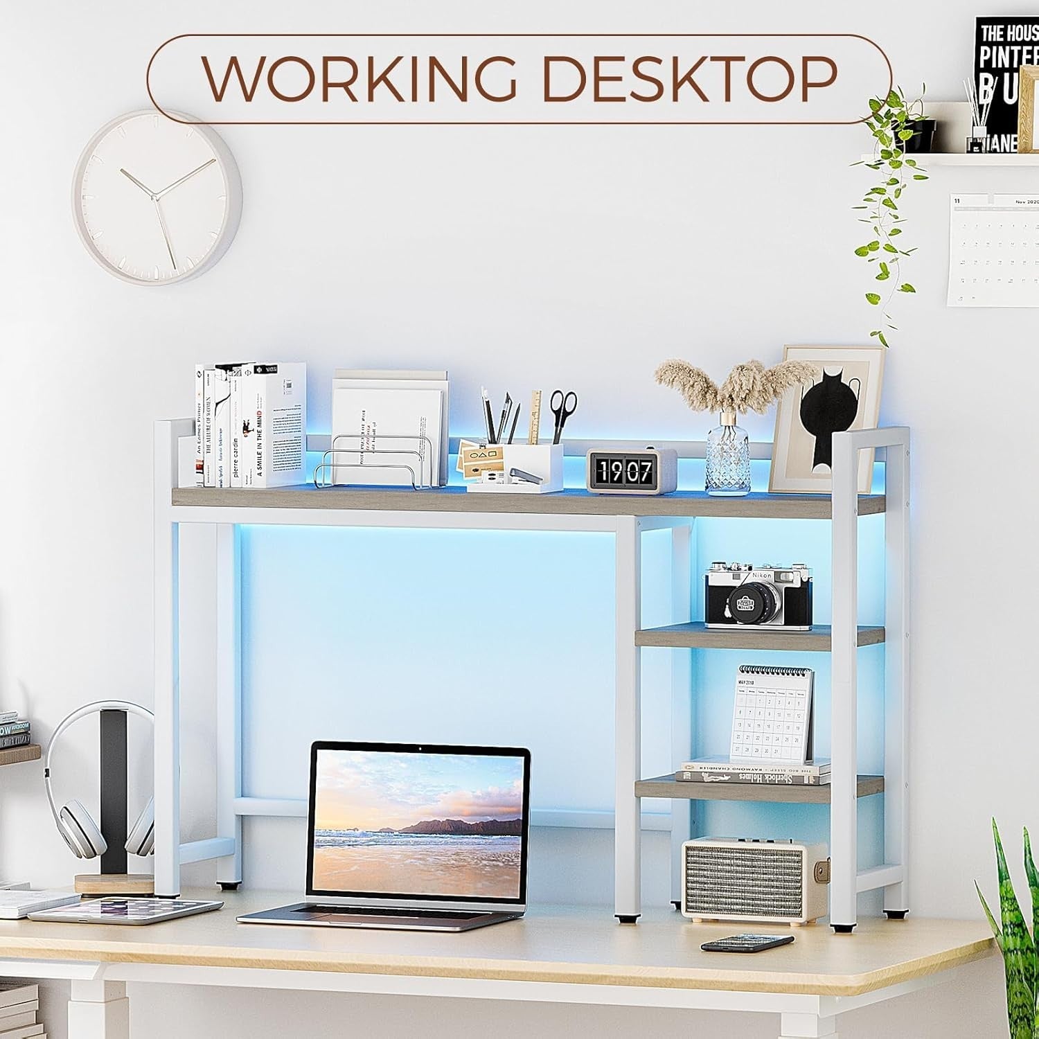 4-Tier Desk Hutch Shelf with RGB Lights 38.5" Desktop Organizer Monitor Storage