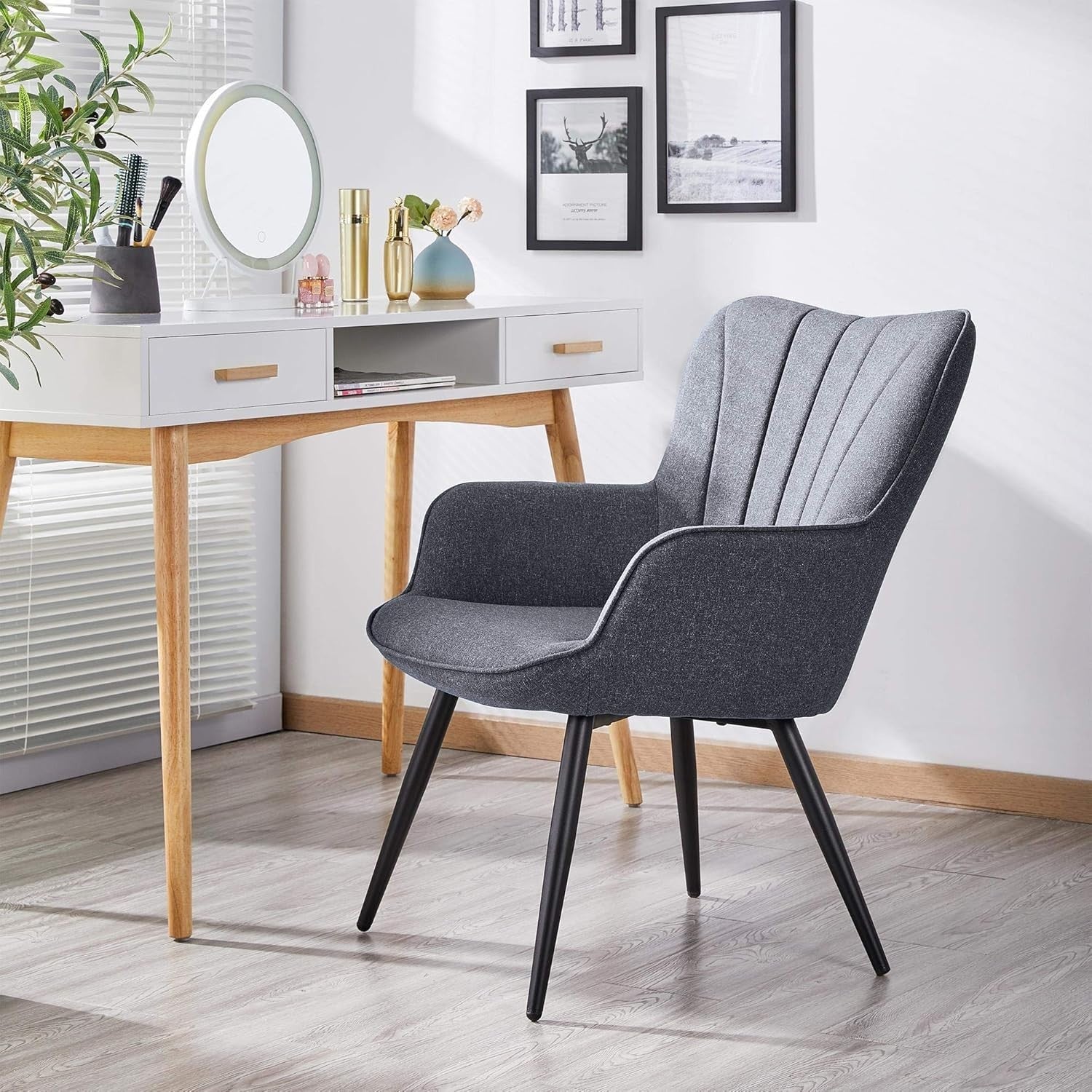 Grey Linen Tub Chair Modern High-Back Accent Armchair for Bedroom & Vanity
