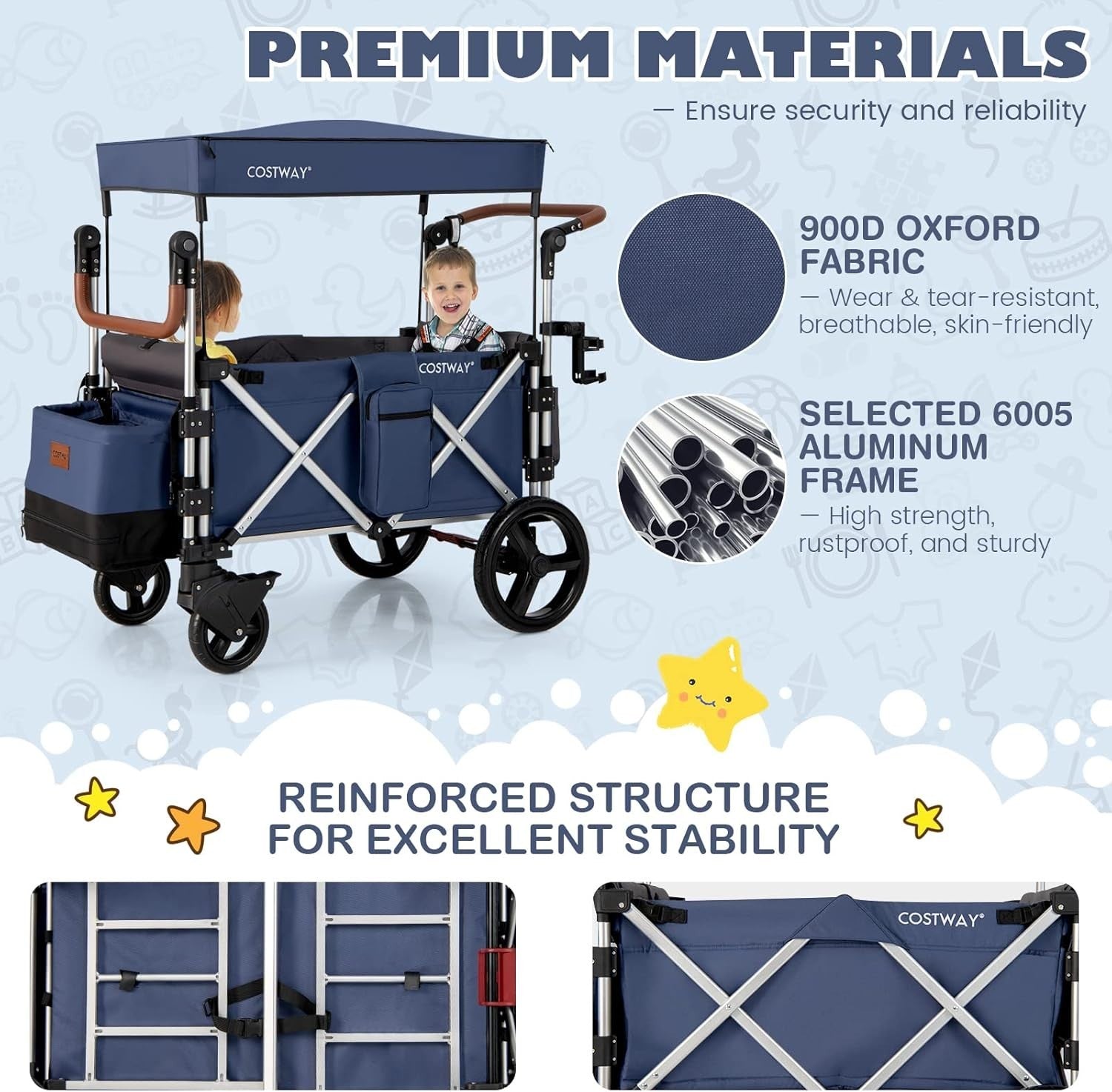 Navy Push Pull Stroller Wagon 2-Seater Folding Cart w/ Canopy 5-Point Harness