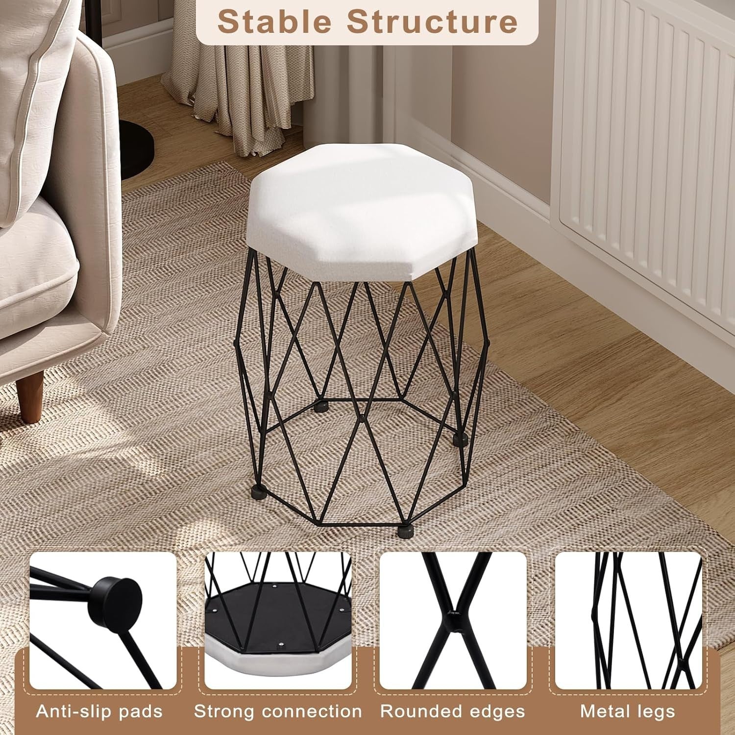 Black & White Velvet Vanity Stool Round Padded Dressing Table Seat Metal