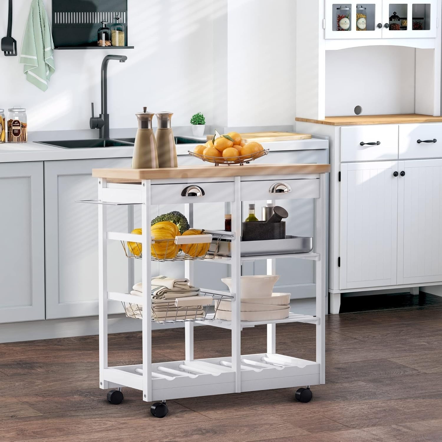 Compact Rolling Kitchen Island Cart with Wine Rack, Storage & Drawer