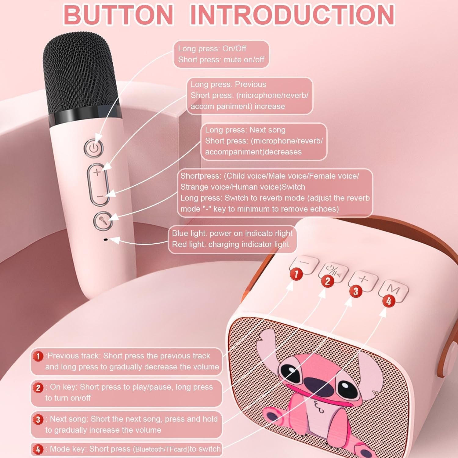 Kids Karaoke Machine Bluetooth Speaker 2 Wireless Mics LED Lights