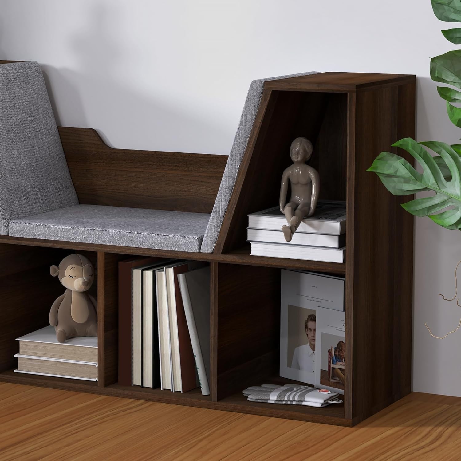 Bookcase with Cushioned Reading Seat 6 Cube Storage Bench Chestnut
