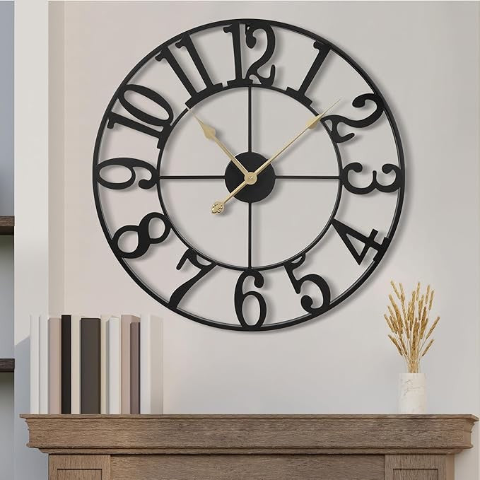 60cm Large Metal Wall Clock Vintage Silent Non-Ticking Rustic Farmhouse Decor